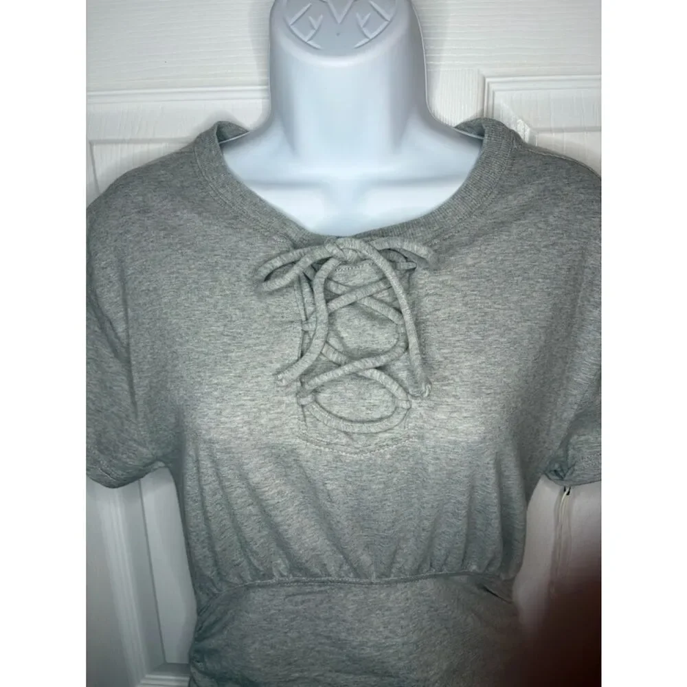 Anthropologie Field Play Short-Sleeve Ruched Mini Dress Lace-Up Gray M NWT - Picture 6 of 13